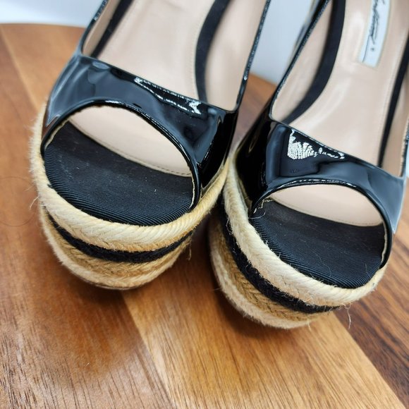 Brian Atwood Wedges Heels 40 Black Tan Cream Patent Leather Peep Toe Espadrilles - Picture 5 of 13